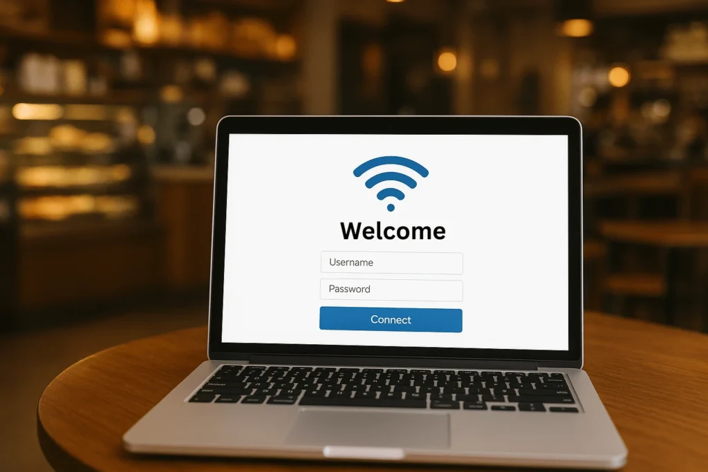 Laptop displaying Monyfi captive portal login page with fields for username and password on a blurred café background.