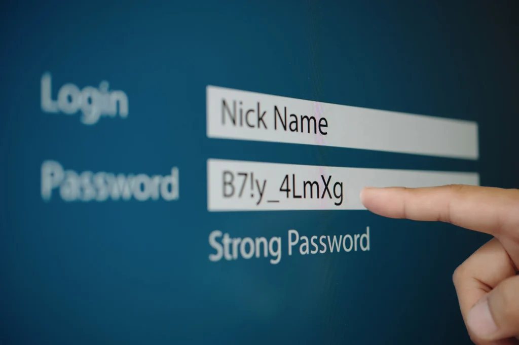 Login screen showing strong password authentication with finger pointing to password field, illustrating security aspects of AAA in Mi-Fi Management for network access control
