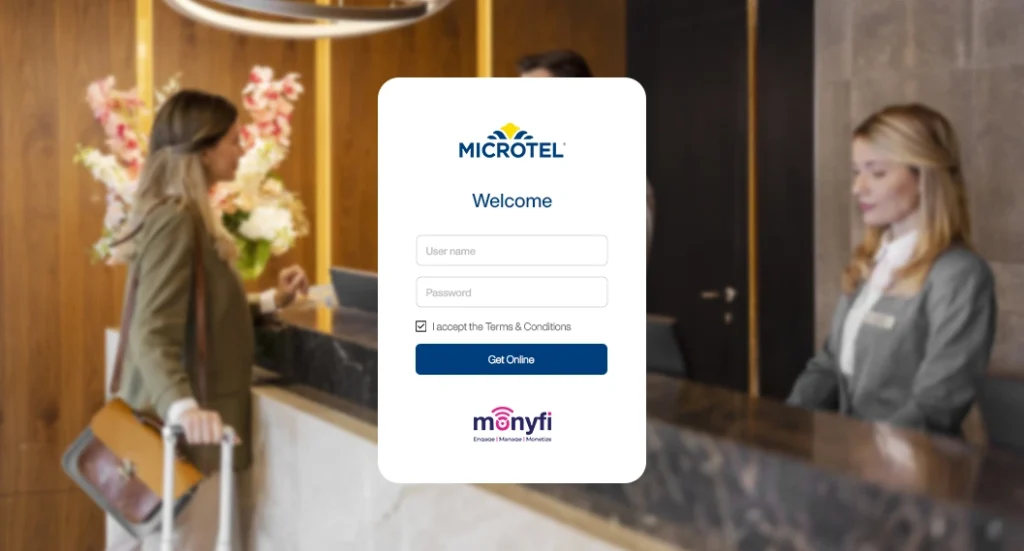 Interface of a branded welcome portal for hotel guest Wi-Fi management using Monyfi system.
