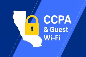 Graphic of the California state outline with a lock icon, representing CCPA and guest Wi-Fi data privacy