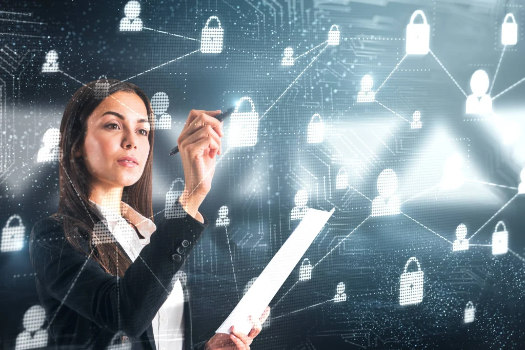 Businesswoman interacting with a digital data-privacy network, symbolizing GDPR compliance and user data protection