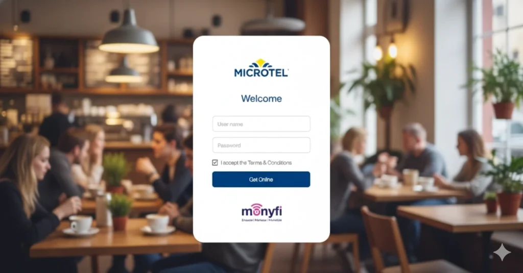 Branded captive portal login page for guest Wi-Fi displayed in a cafe environment