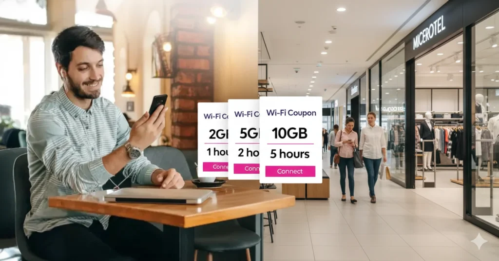 Guest using Wi-Fi data vouchers in a cafe and retail environment through a captive portal