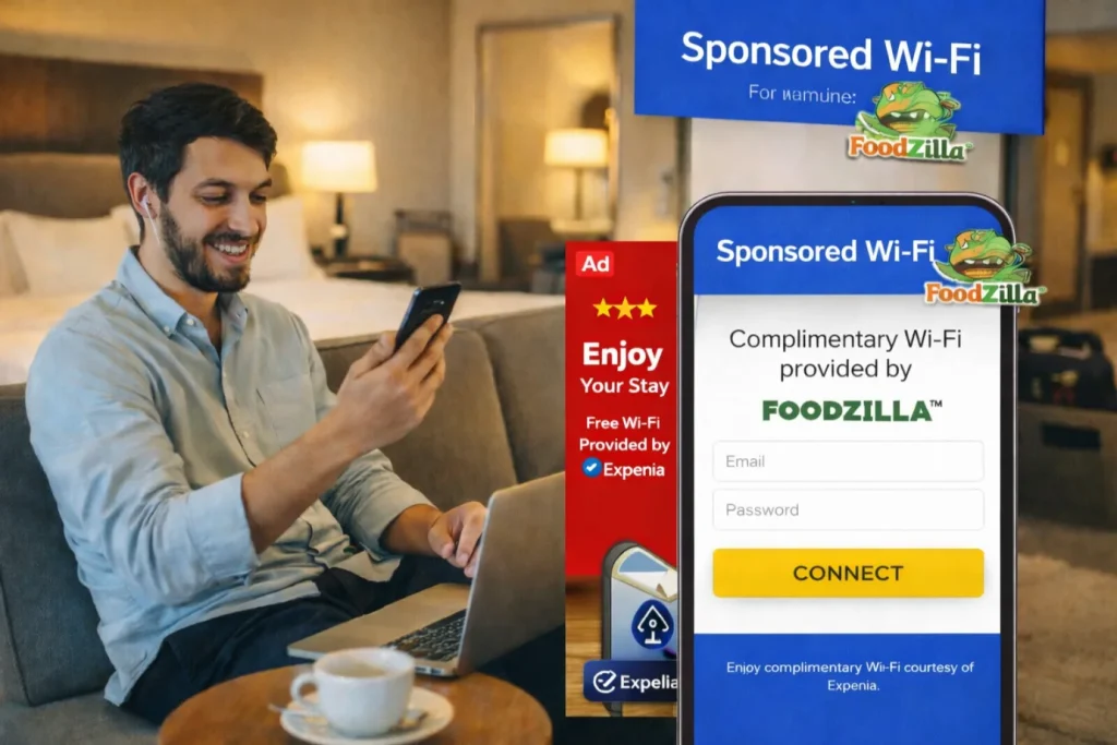 Hotel guest accessing complimentary Wi-Fi through a branded login page as part of a sponsored connectivity model.