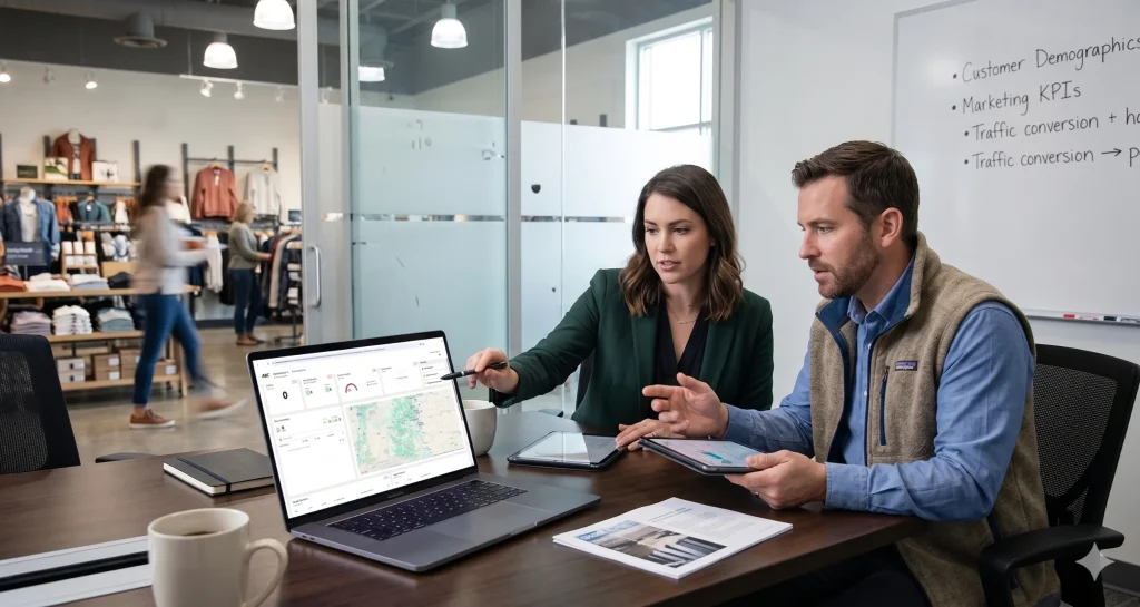 Retail managers reviewing WiFi analytics dashboard to analyze foot traffic, customer behavior, and store performance