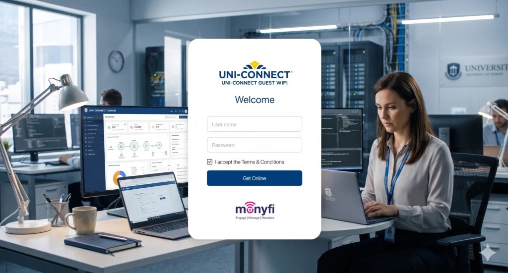 University IT administrator configuring secure university guest WiFi network settings with authentication and access control dashboard in campus IT office