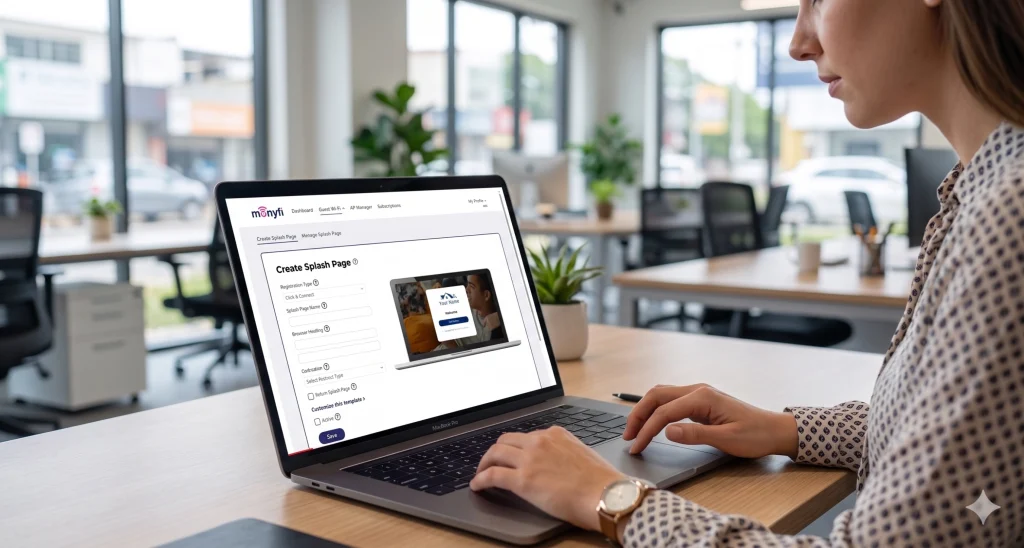 Administrator configuring branded login page and AAA WiFi management settings on guest WiFi captive portal dashboard