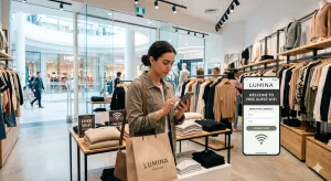 Retail customer connecting to guest WiFi using branded login page through retail captive portal in clothing store