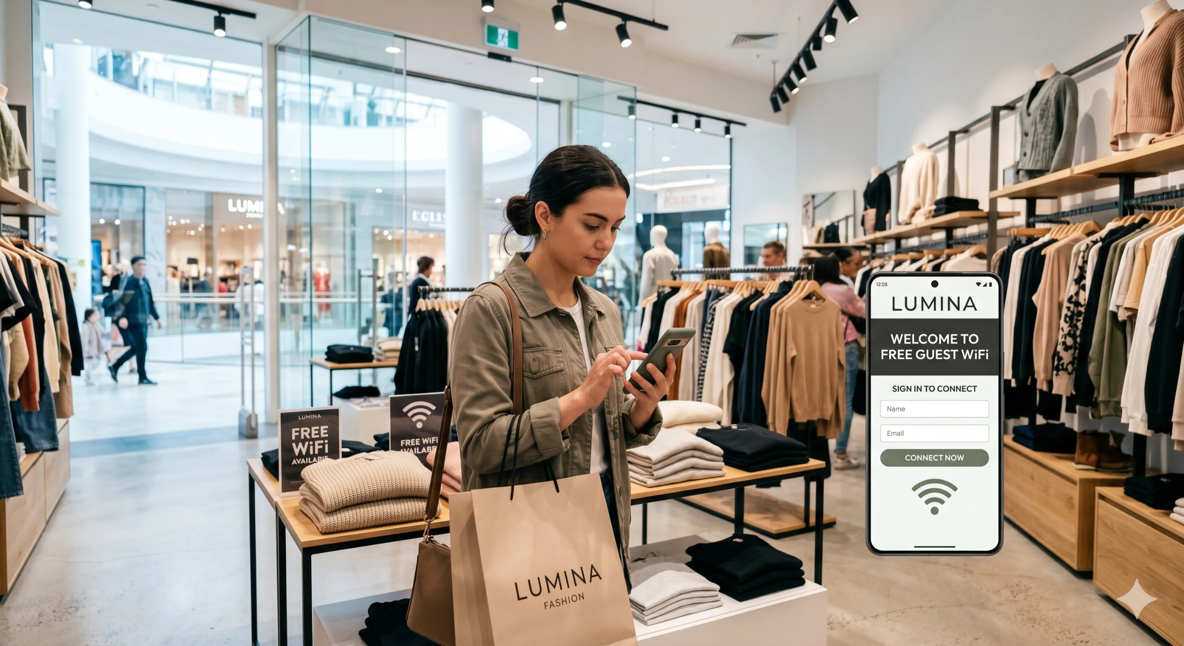 Retail customer connecting to guest WiFi using branded login page through retail captive portal in clothing store