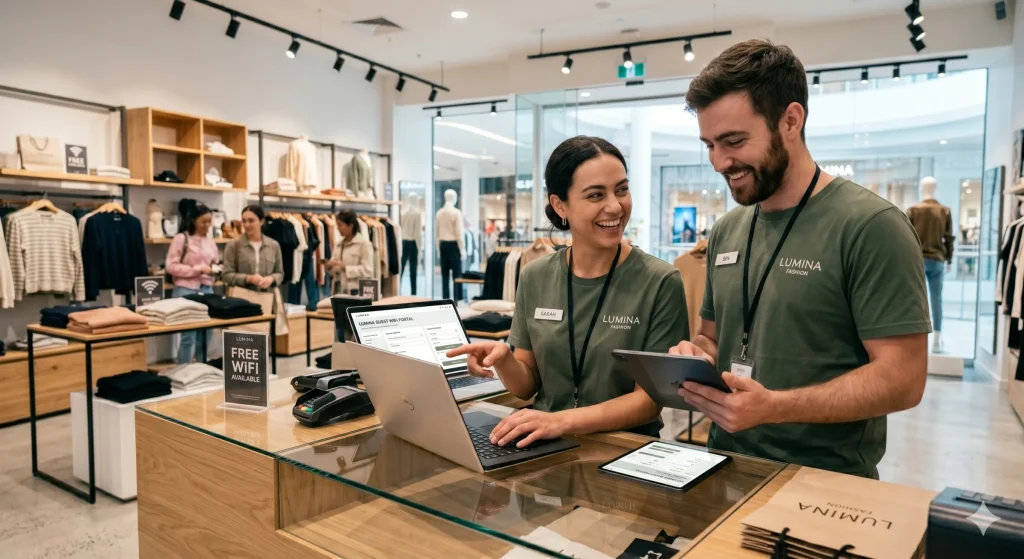 Retail employees setting up retail captive portal system with access rules to support loyalty rewards, customer retention, and repeat shopping