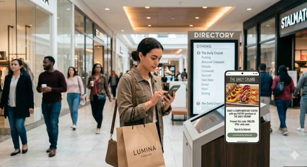 Shopper viewing sponsored advertisement on captive portal login screen before connecting to guest WiFi in shopping mall