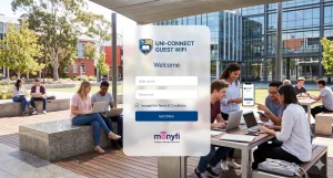 University students connecting to university guest WiFi in a modern campus courtyard using laptops and smartphones through a branded login page on outdoor campus network