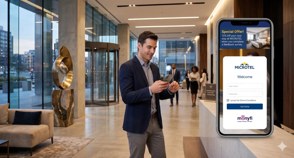 Visitor connecting to guest WiFi through branded captive portal login page in smart building lobby for secure access and WiFi monetization